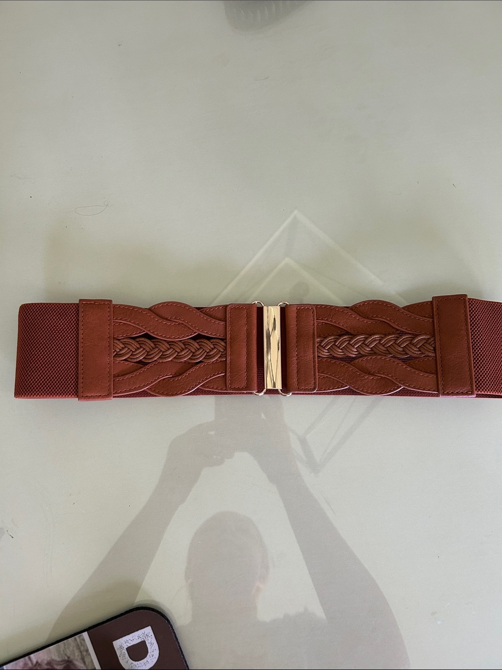 Braided Elastic Waist Belt in Light Brown with Gold Buckle